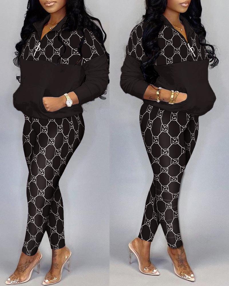 

ChicMe Letter Print Patchwork Zip Front Top & Pants Set, Black