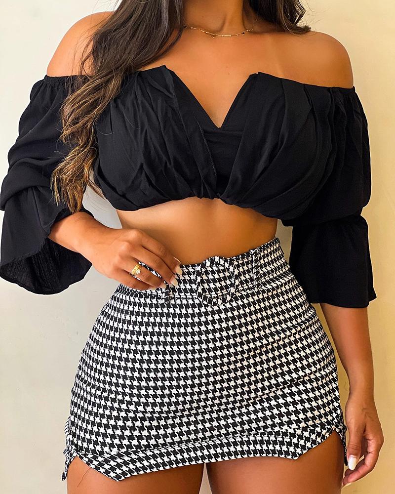 

Ruched Bell Sleeve Crop Top & Houndstooth Print Skirt Set, Black