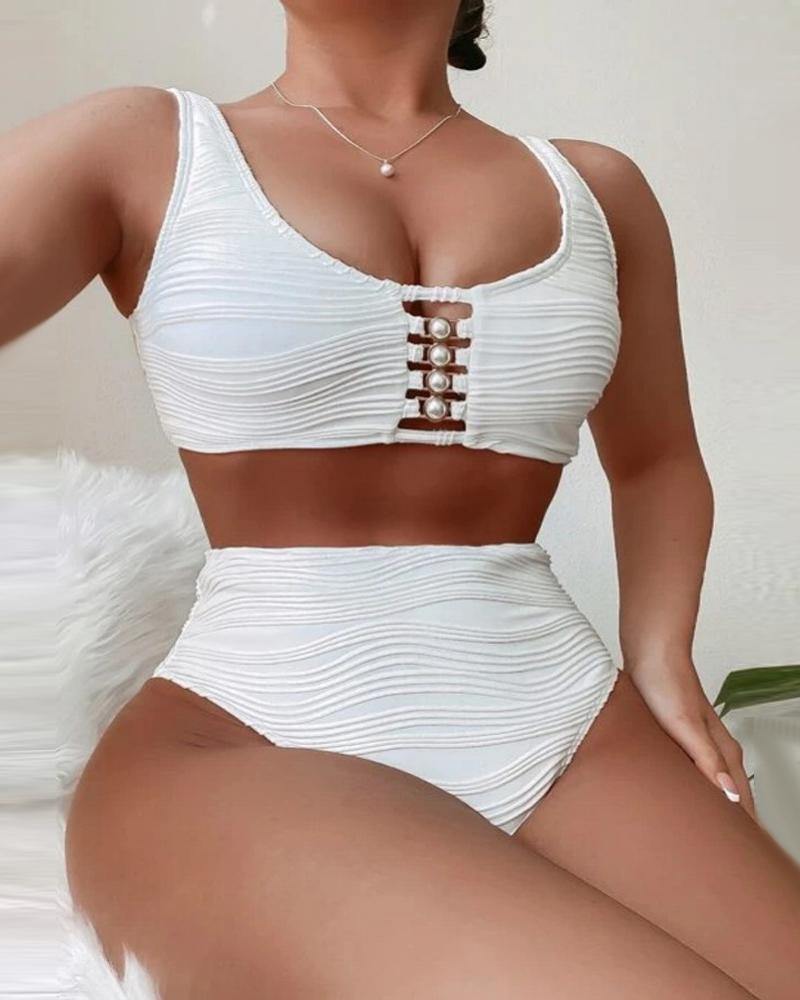 

Pearls Decor High Waist Bikini Set, White