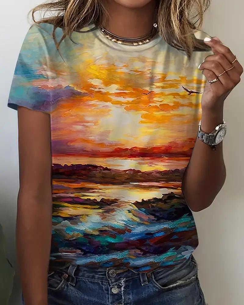 

3D Landscape Print Crew Neck T-shirt, Multicolor