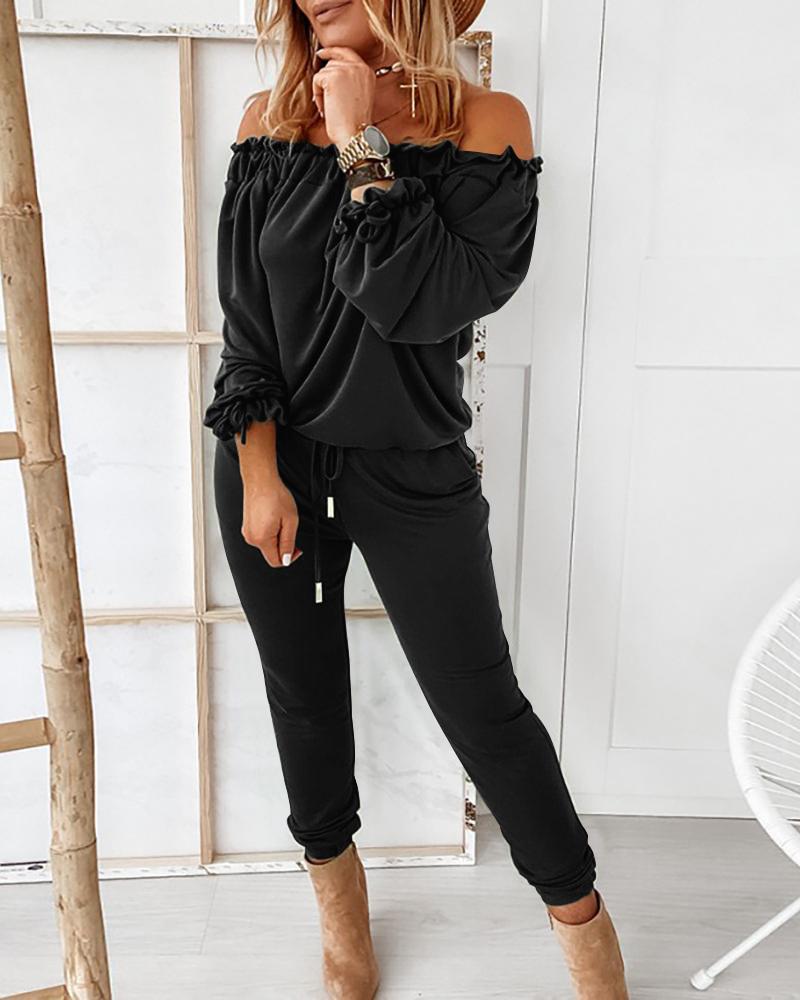 

Off Shoulder Long Sleeve Drawstring Frill Hem Jumpsuit, Black