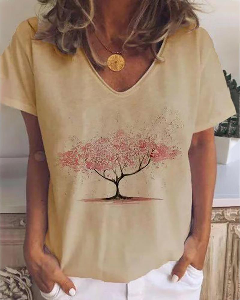 

Tree Print V-neck Casual T-shirt, Khaki