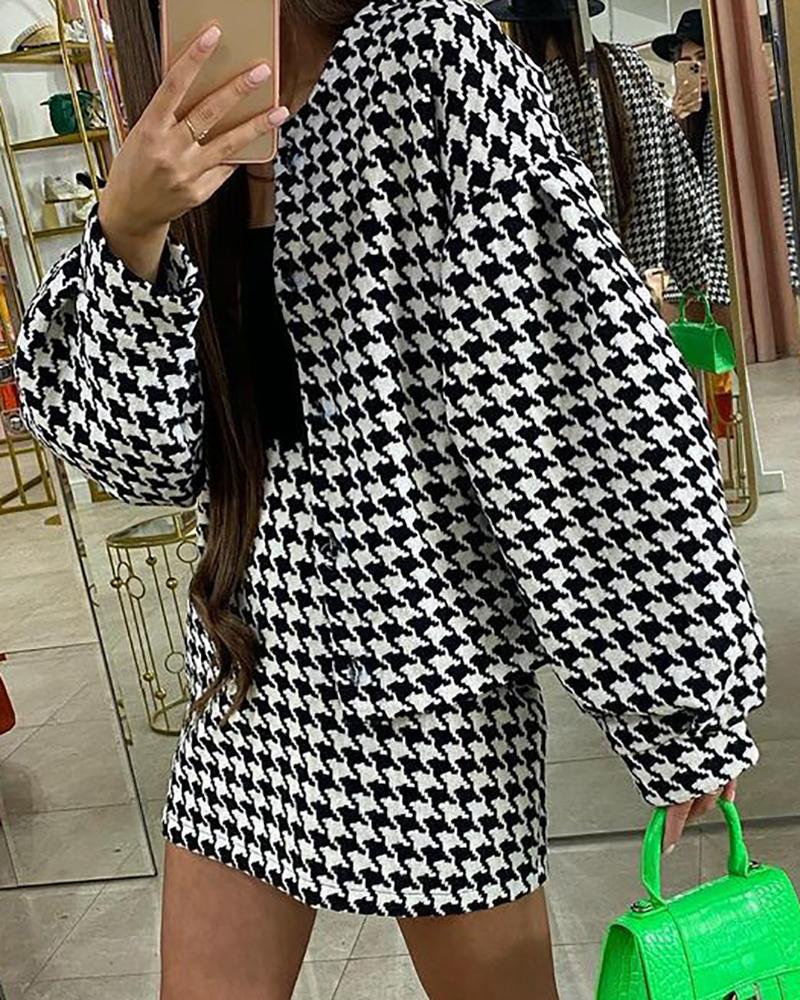 

Lantern Sleeve Houndstooth Print Coat & Skirt Set, Black&white