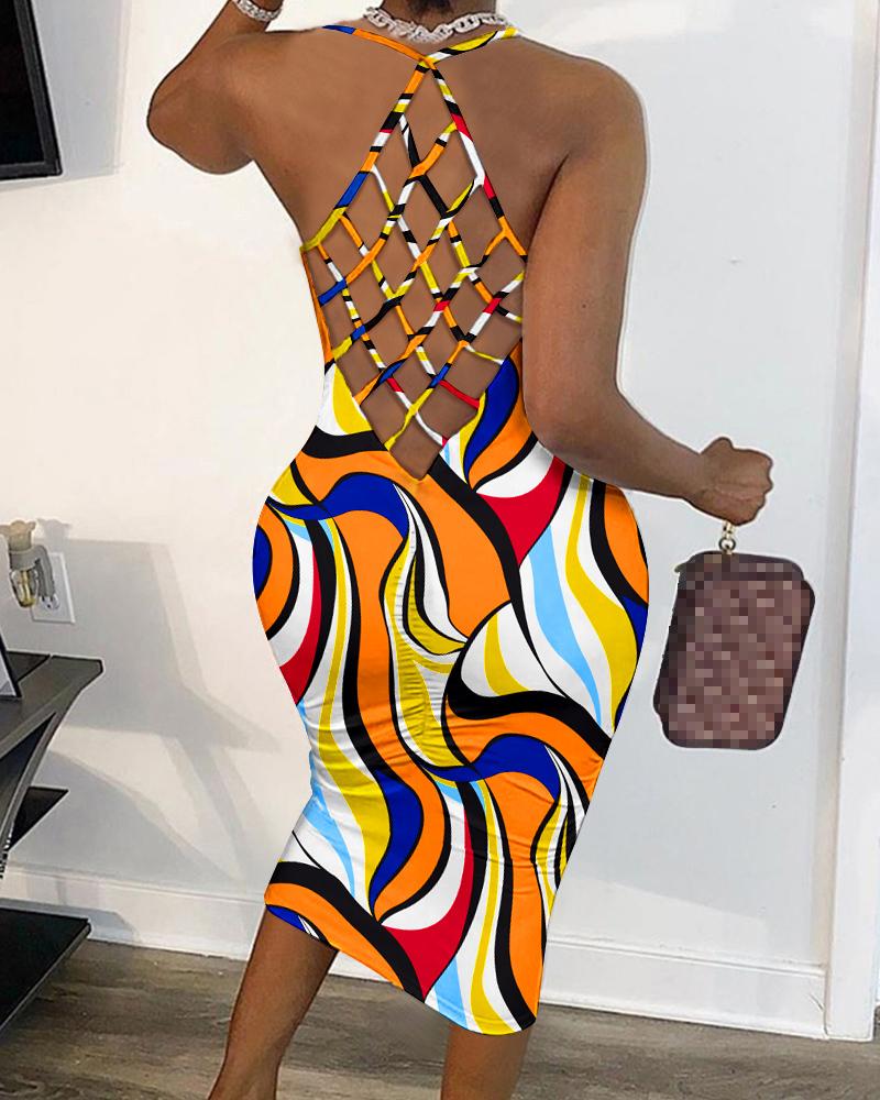 

Abstract Print Fishnet Backless Bodycon Dress, Multicolor