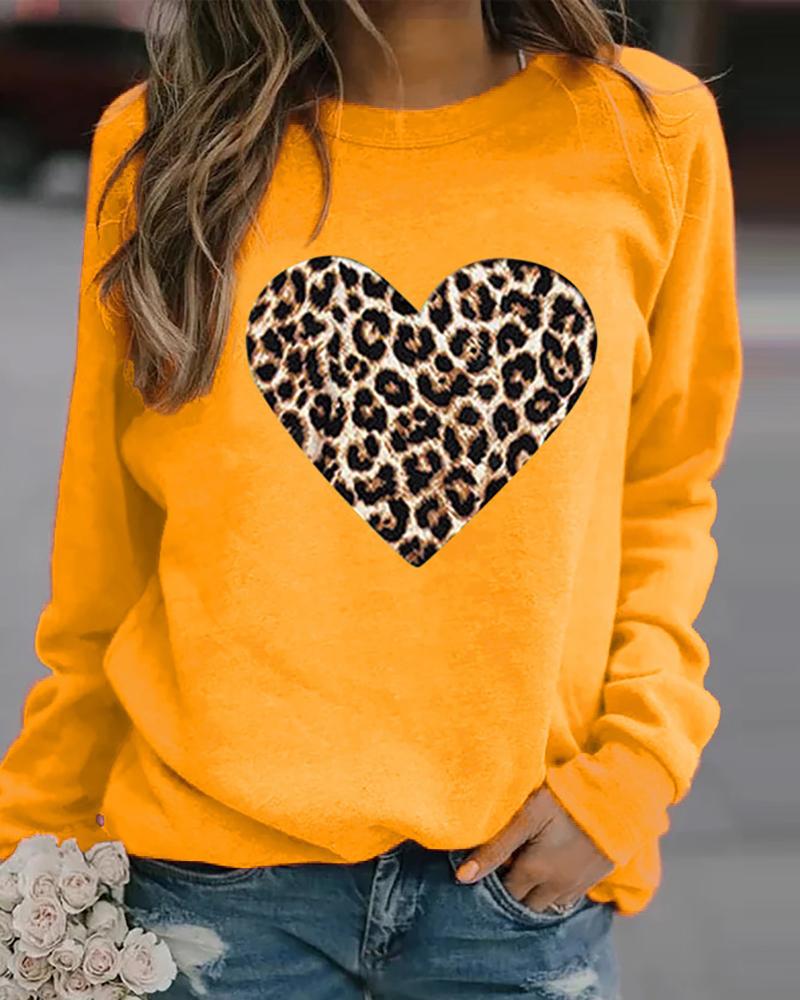 

Leopard Heart Print Long Sleeve Sweatshirt, Yellow