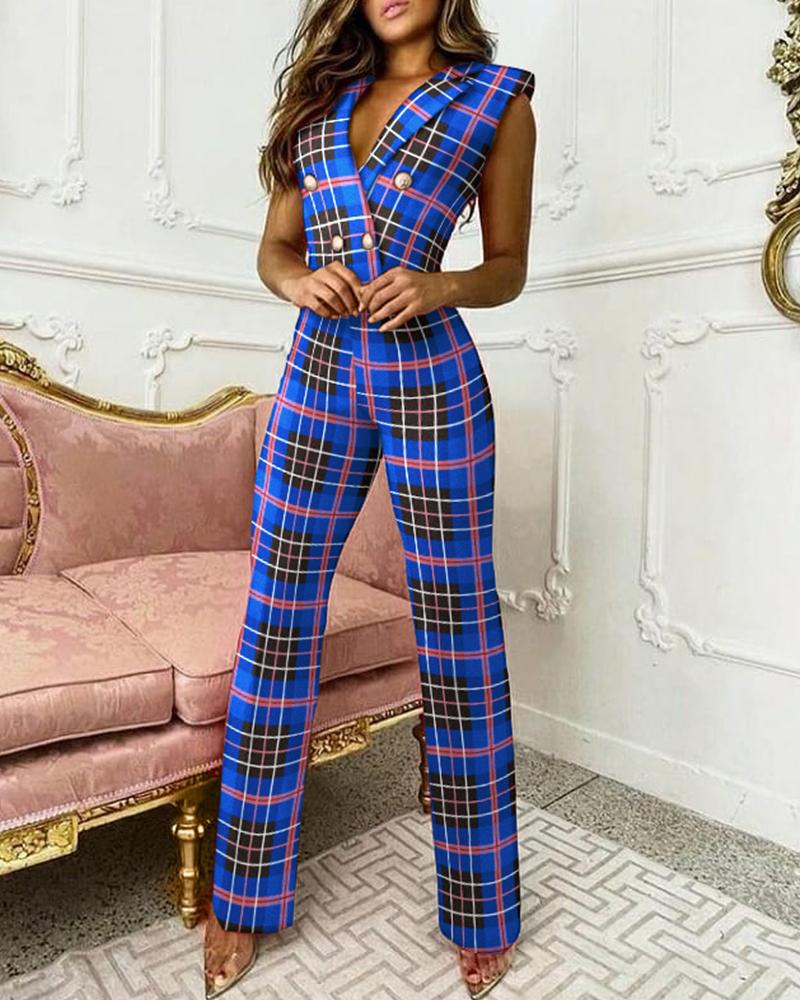 

Plaid Print Double Breasted Sleeveless Blazer Jumpsuit, Blue