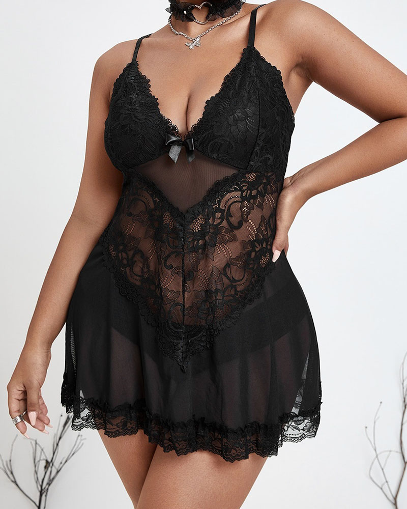 

Plus Size Bow Decor Sheer Mesh Lace Babydoll With Thong, Black