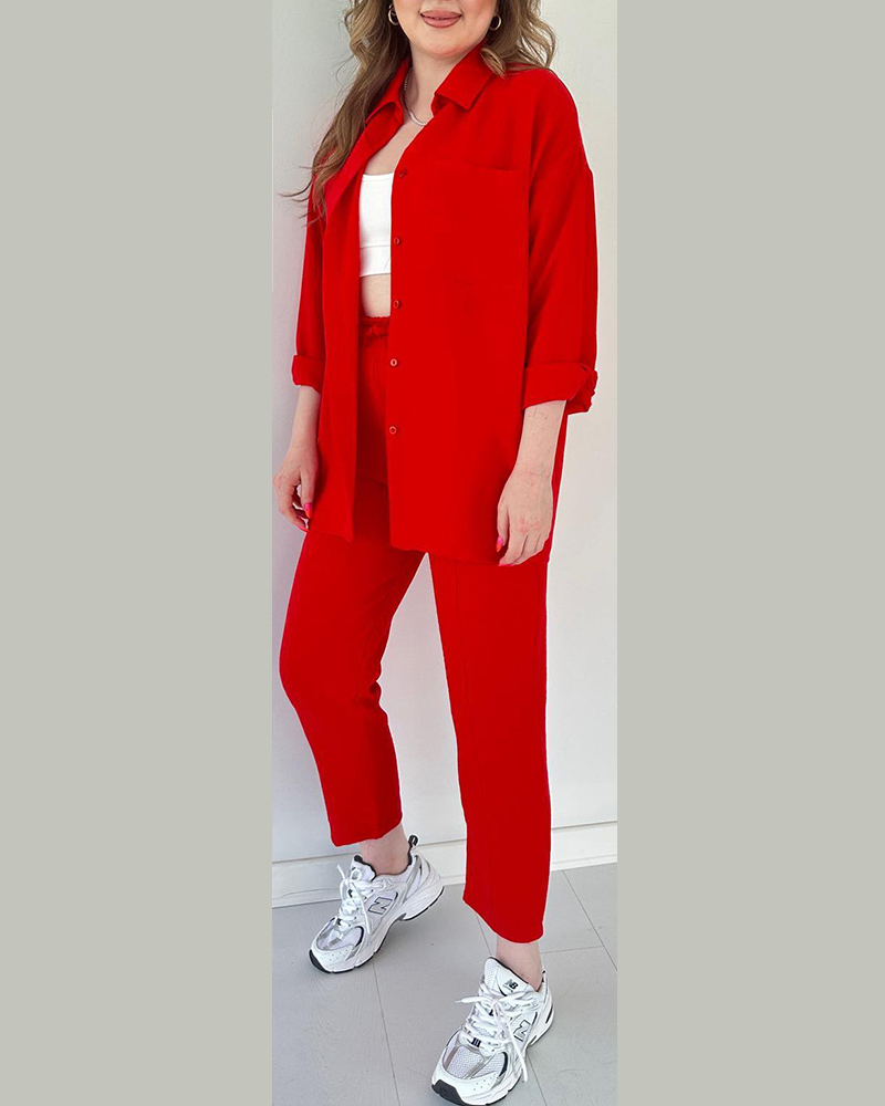 Buttoned Shirt & Drawstring Pocket Design Pants Set