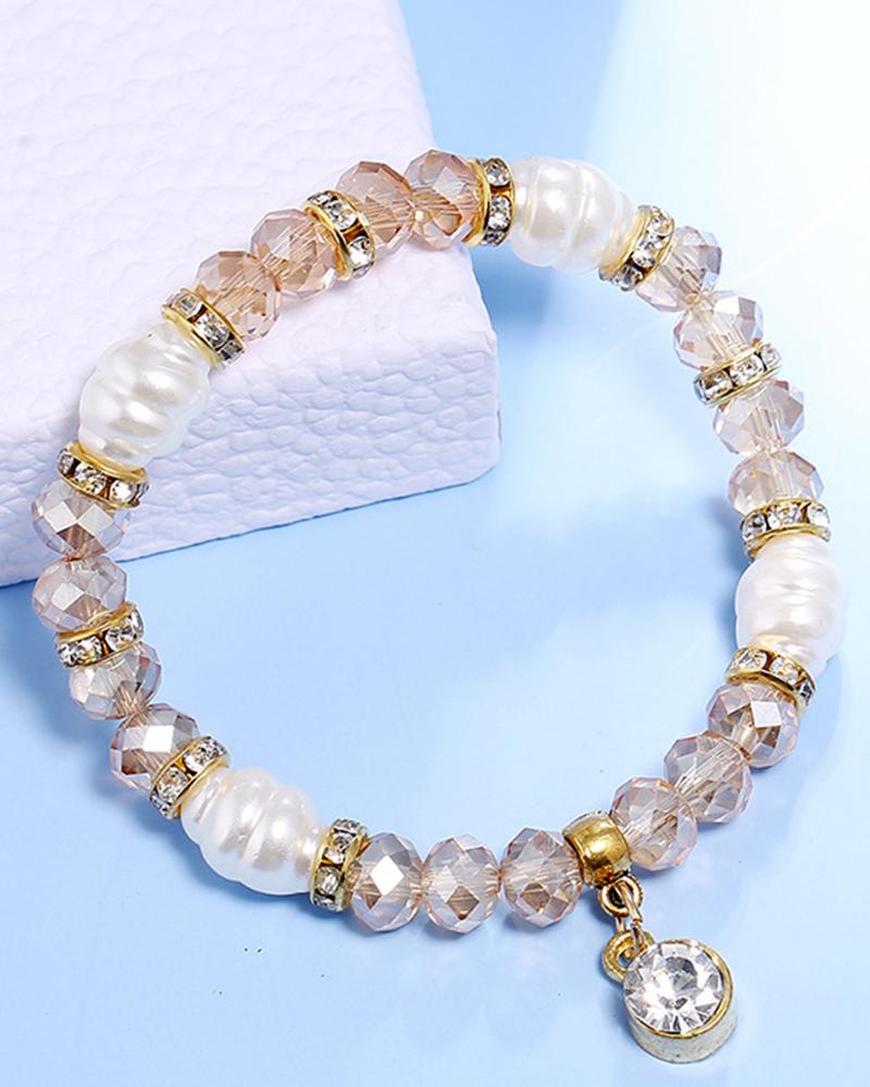 

1pc Crystal Stone Pearls Decor Beaded Bracelet, Yellow