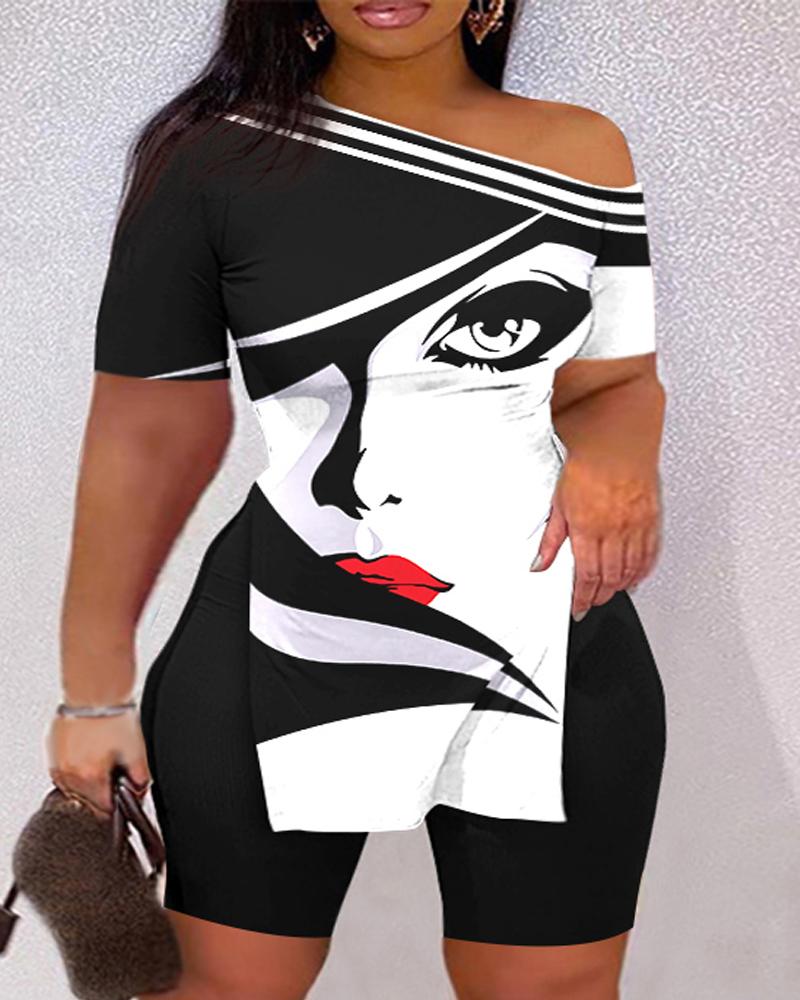 

Plus Size Abstract Figure Print Side Slit Top & Shorts Set, Blackwhite