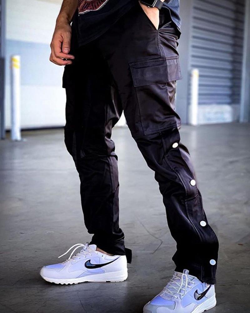 

Solid Button-up Side Loose Straight Pants, Black