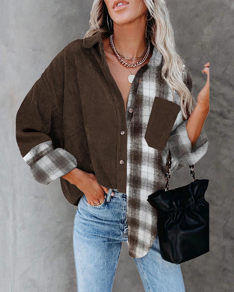 

Contrast Plaid Long Sleeve Button Front Shacket, Dark brown