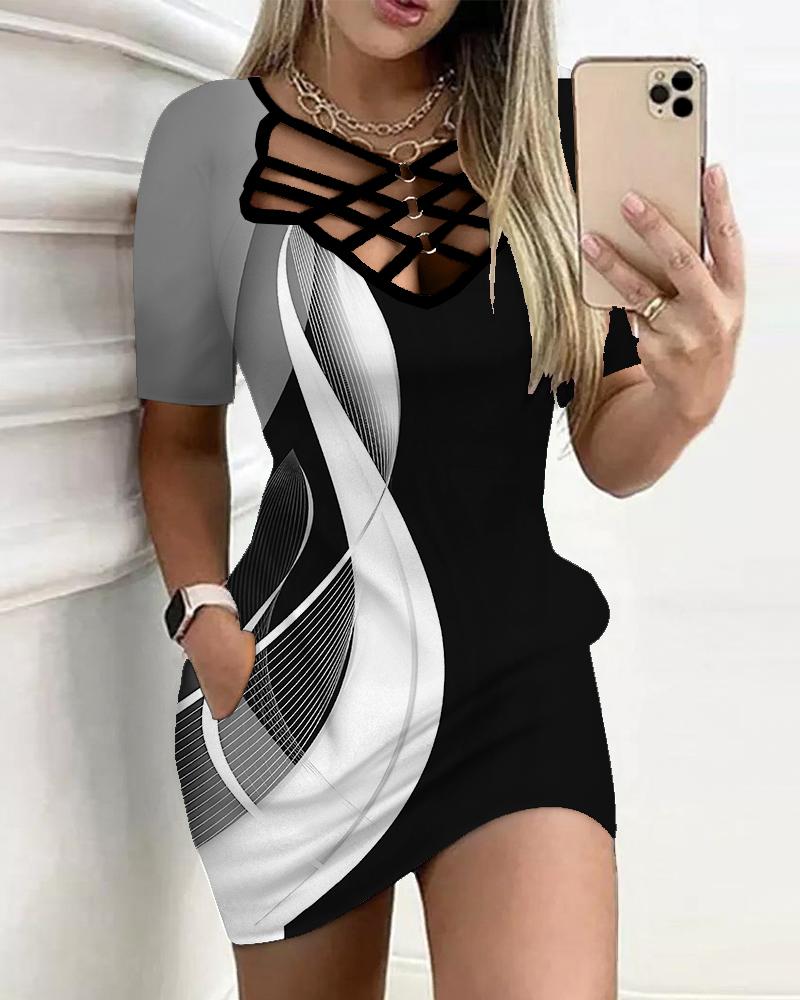 

Abstract Print Colorblock Lace-up Bodycon Dress, Black