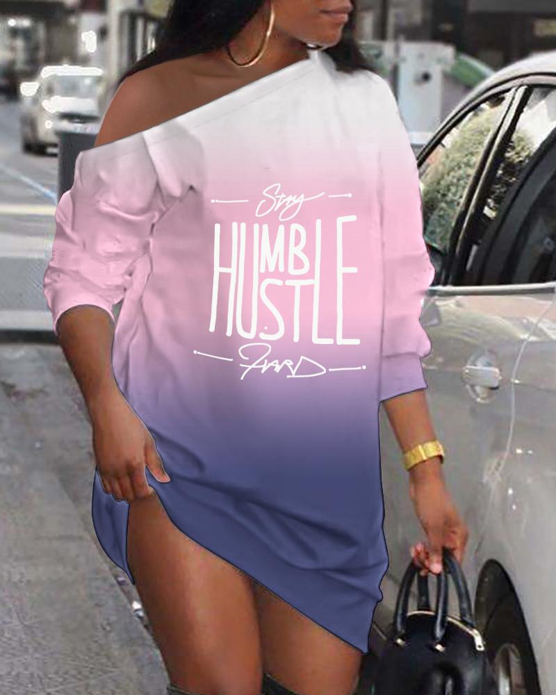 

Letter Print Ombre Long Sleeve Casual Dress, Purple