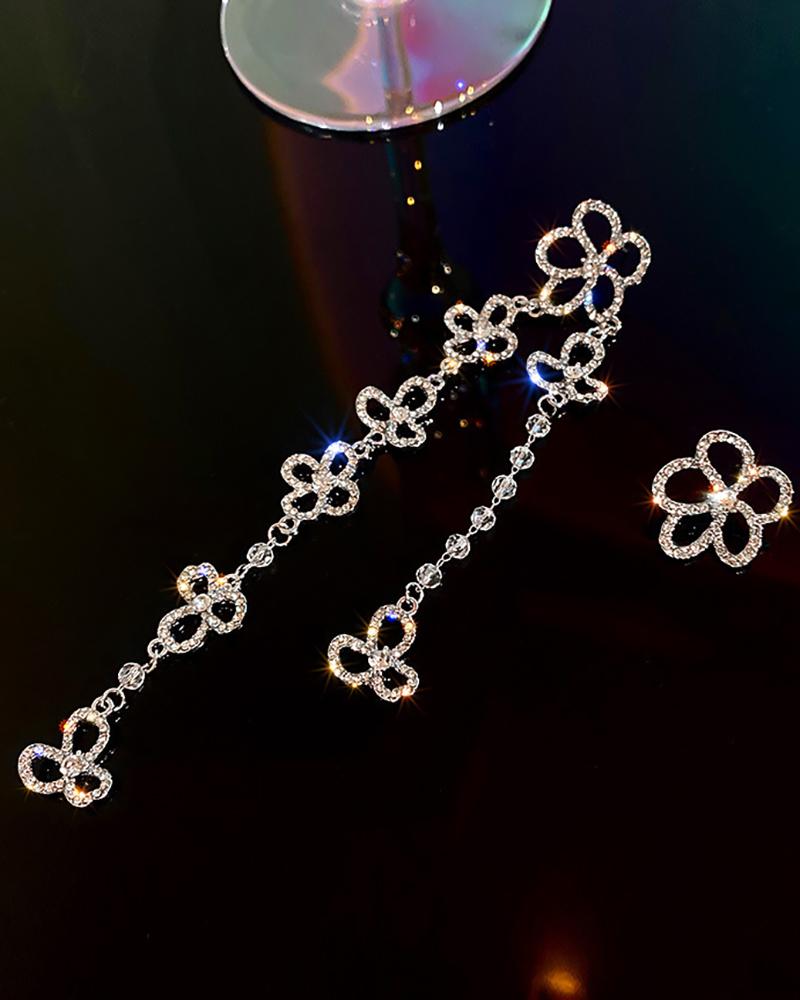 

1Pair Rhinestone Floral Pattern Drop Earrings, Silver
