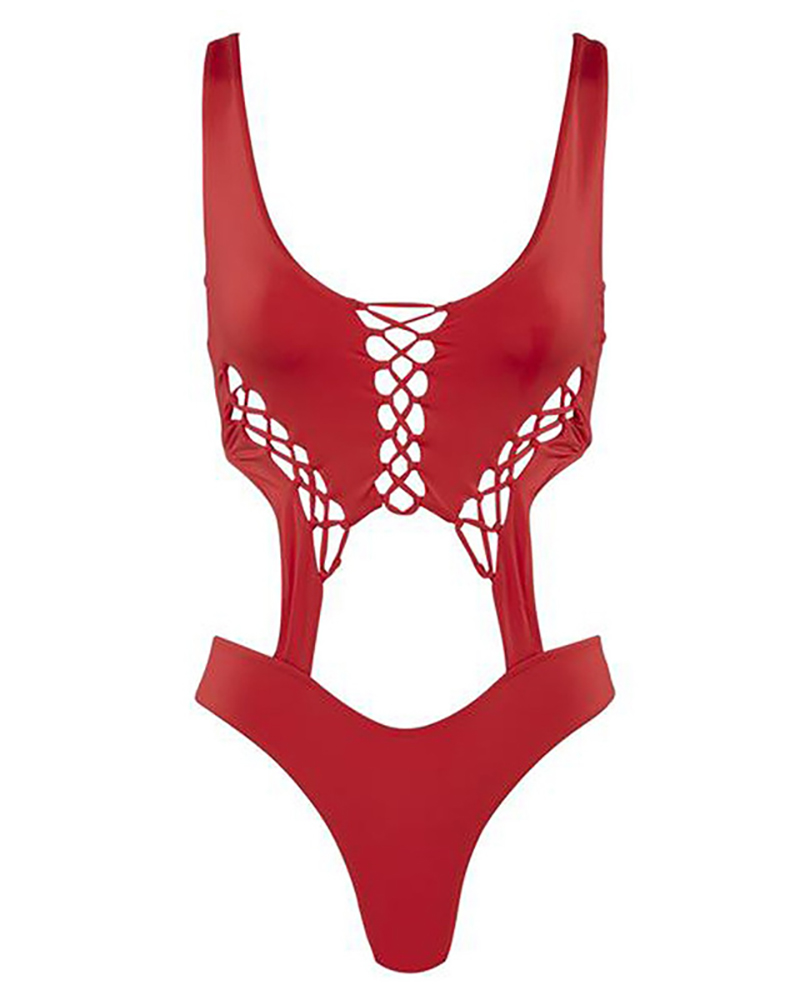 

Lace-up Cutout One Piece Swimsuit, Red