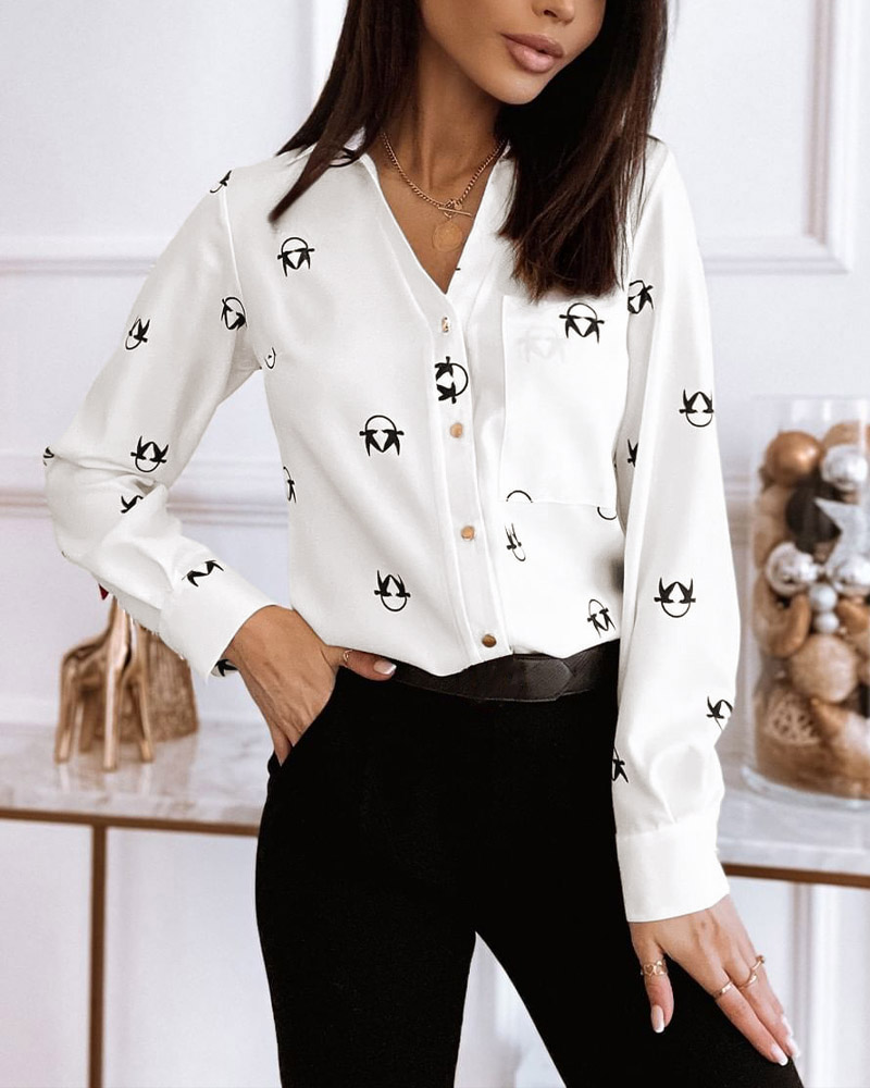 

Graphic Print Long Sleeve Button Front Shirt, White