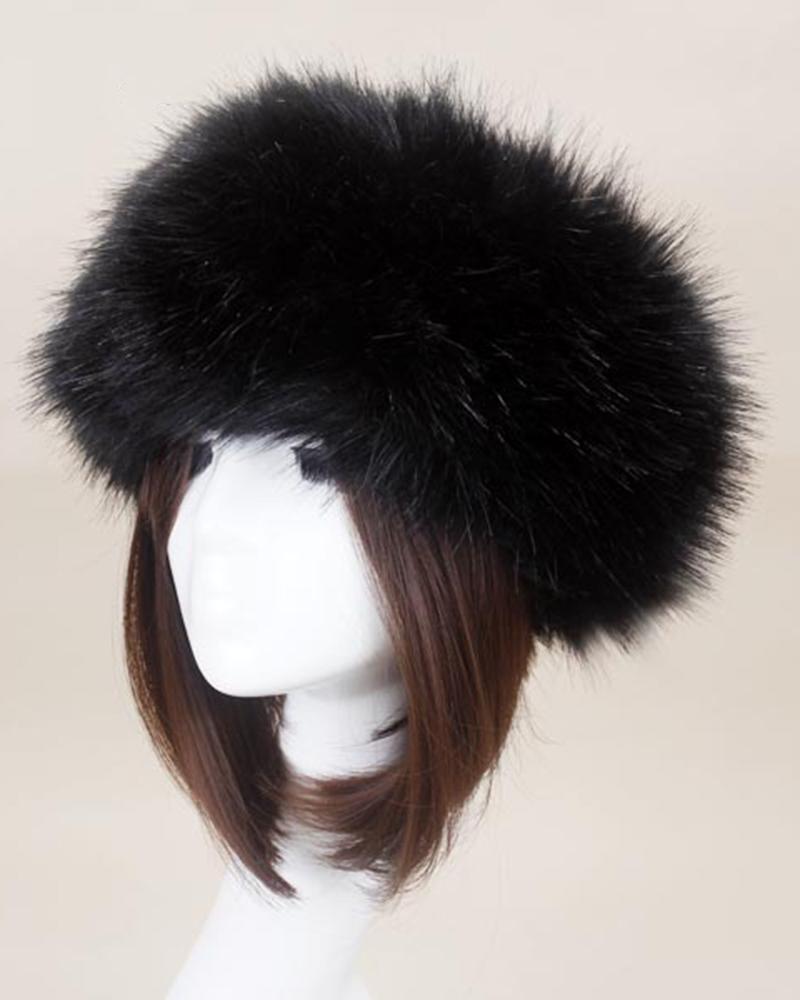 

Fluffy Fake Faux Fur Headband Winter Earmuff Warm Winter Hat Ski Skull Cap, Black