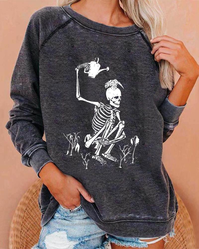 Sudadera de manga larga con estampado de esqueleto de Halloween de talla grande