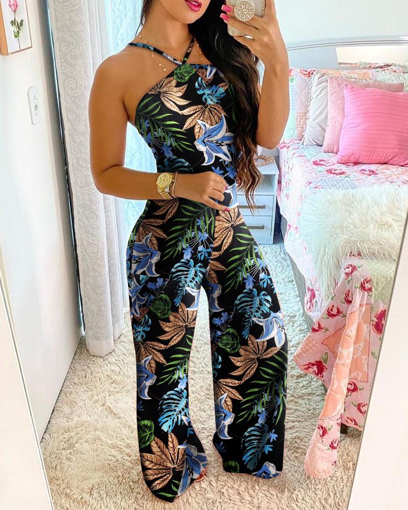 

Halter Floral Print Long Jumpsuit, Multicolor