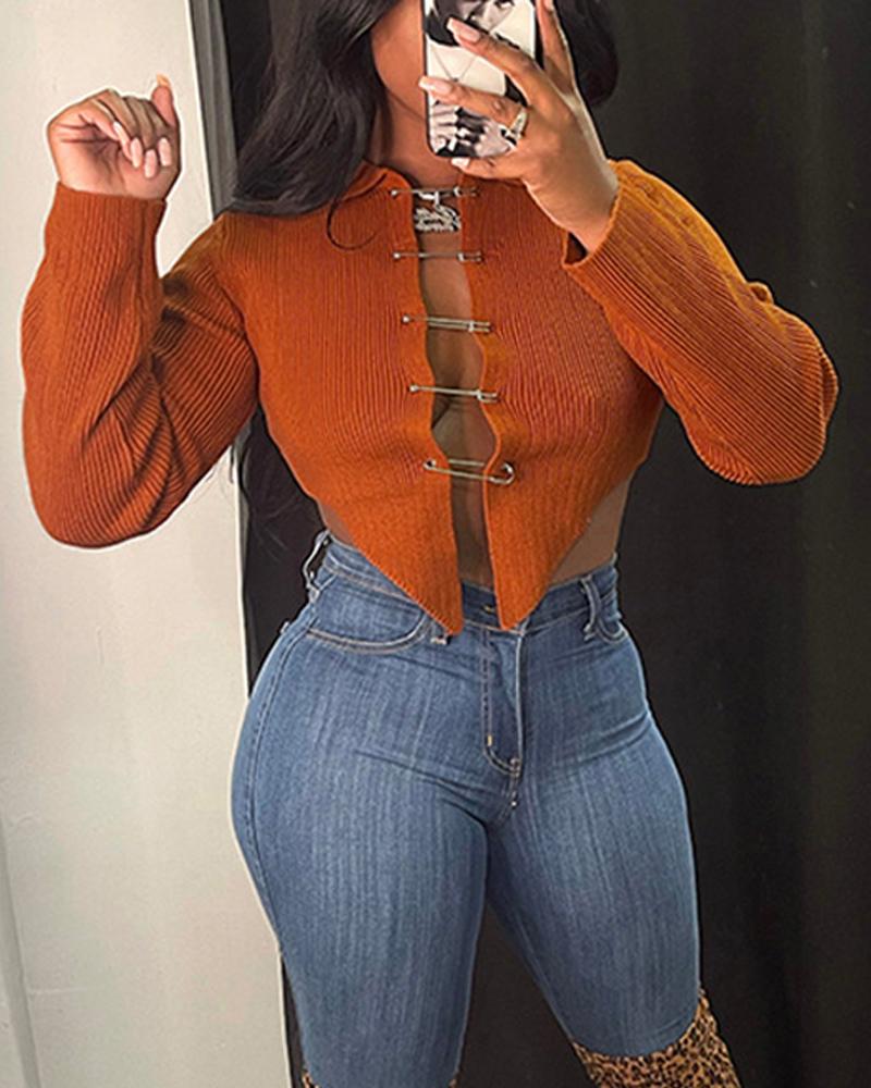 

Long Sleeve Asymmetrical Hem Sweater, Brown
