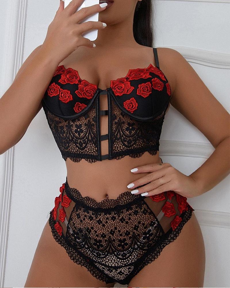 

Floral Embroidery Contrast Lace Underwire Lingerie Set, Style1