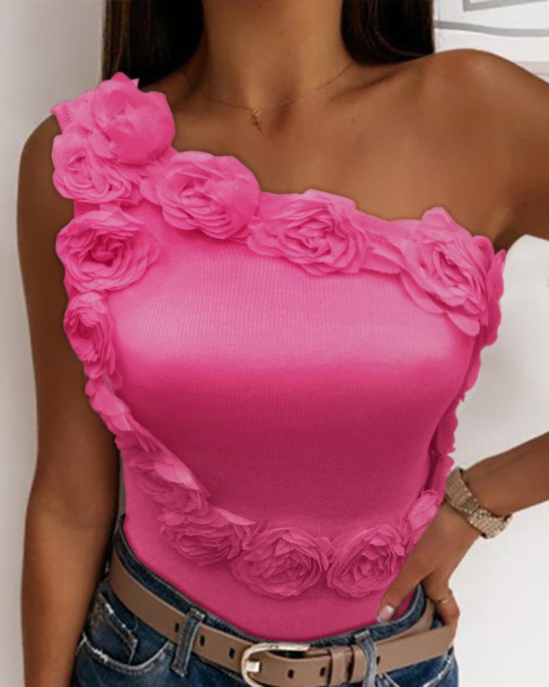 

Floral Pattern One Shoulder Knit Top, Hot pink