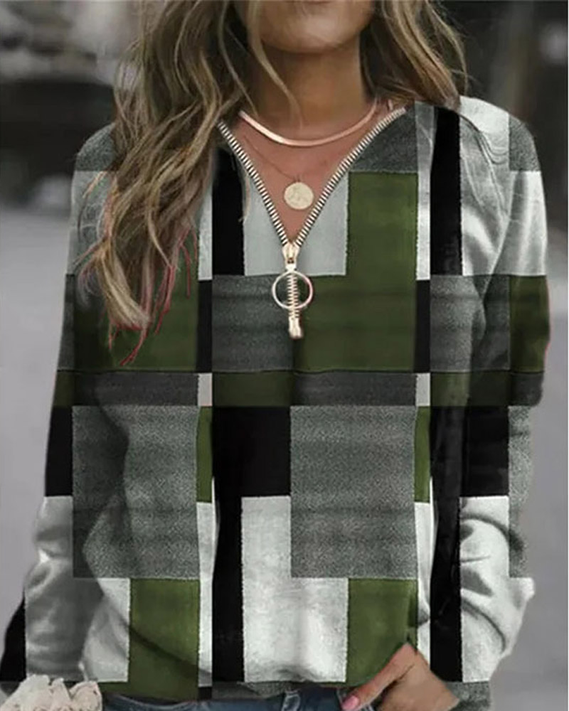 

Geometric Print Zip Front Long Sleeve Sweatshirt, Green