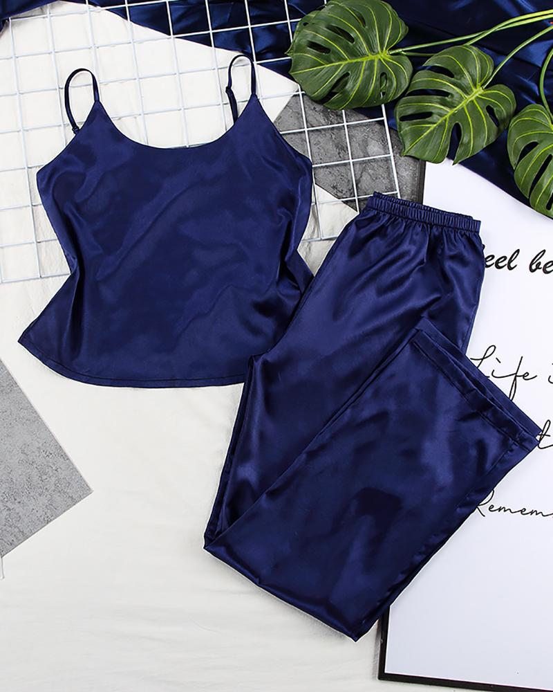 

Crochet Lace Patch U-Neck Cami Set, Purplish blue