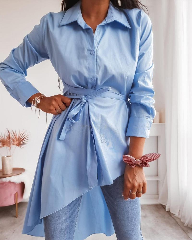 

Long Sleeve Button Design Asymmetrical Shirt Dress, Blue