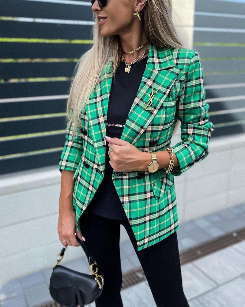 

Plaid Print Long Sleeve Double Breasted Blazer, Green