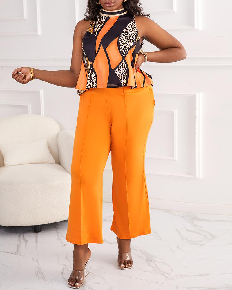 

Plus Size Baroque Leopard Print Tank Top & Straight Leg Pants Set, Yellow