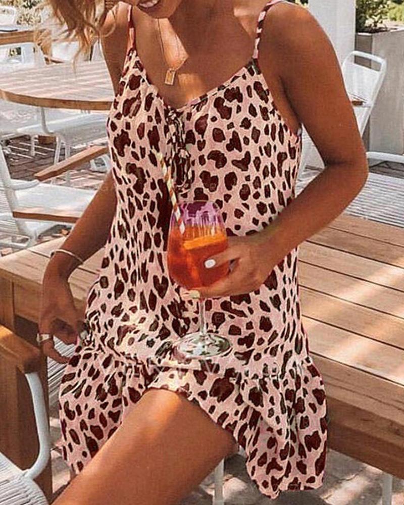 

Cheetah Print Spaghetti Strap Tassel Design Dress, Pink