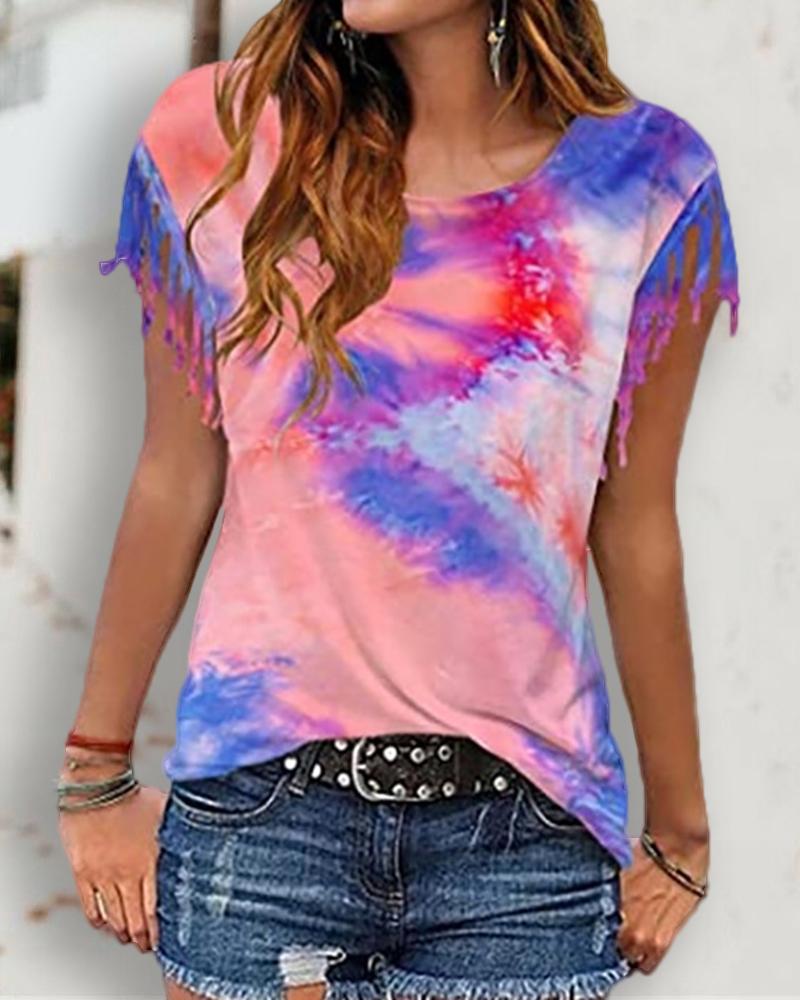 

Tie Dye Print Tassel Casual T-shirt, Dark blue
