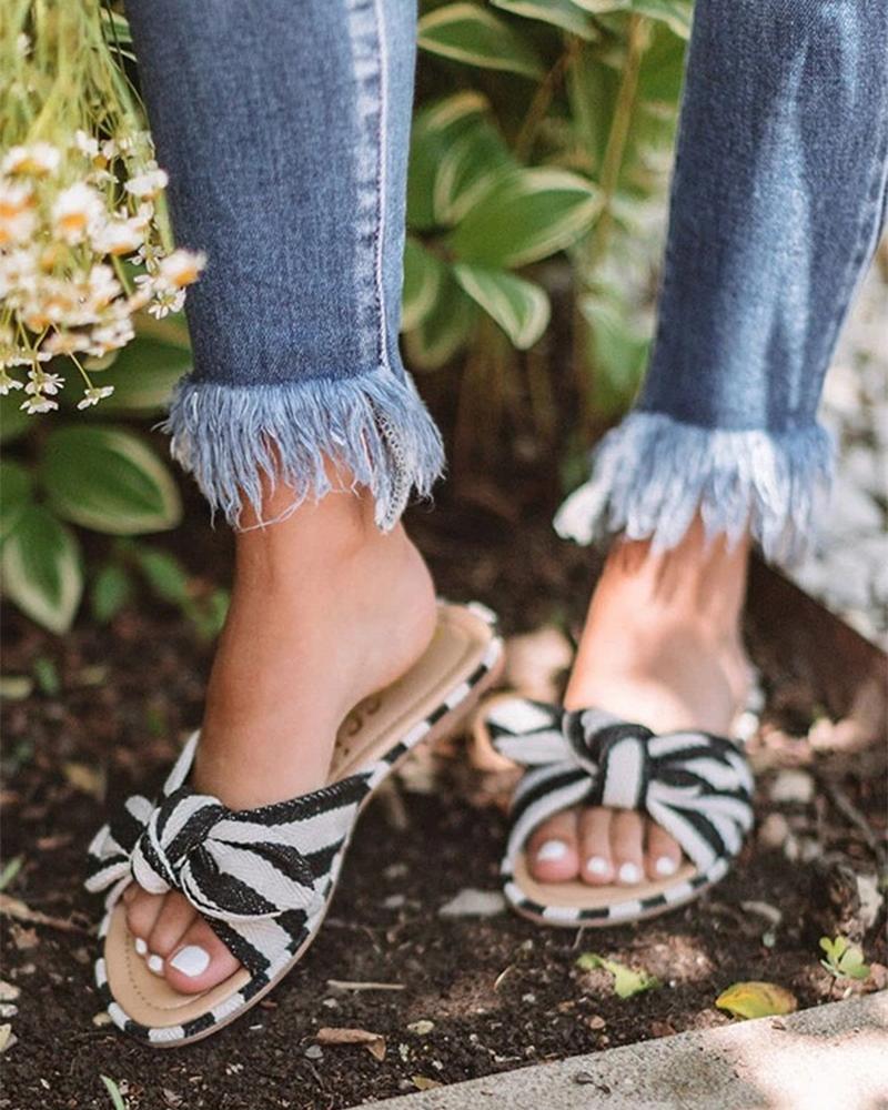 

Colorblock Striped Bow Flat Sandals, Black