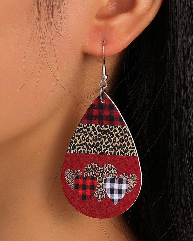

Valentine's Day Plaid Cheetah Print Waterdrop Shaped Earrings, Red