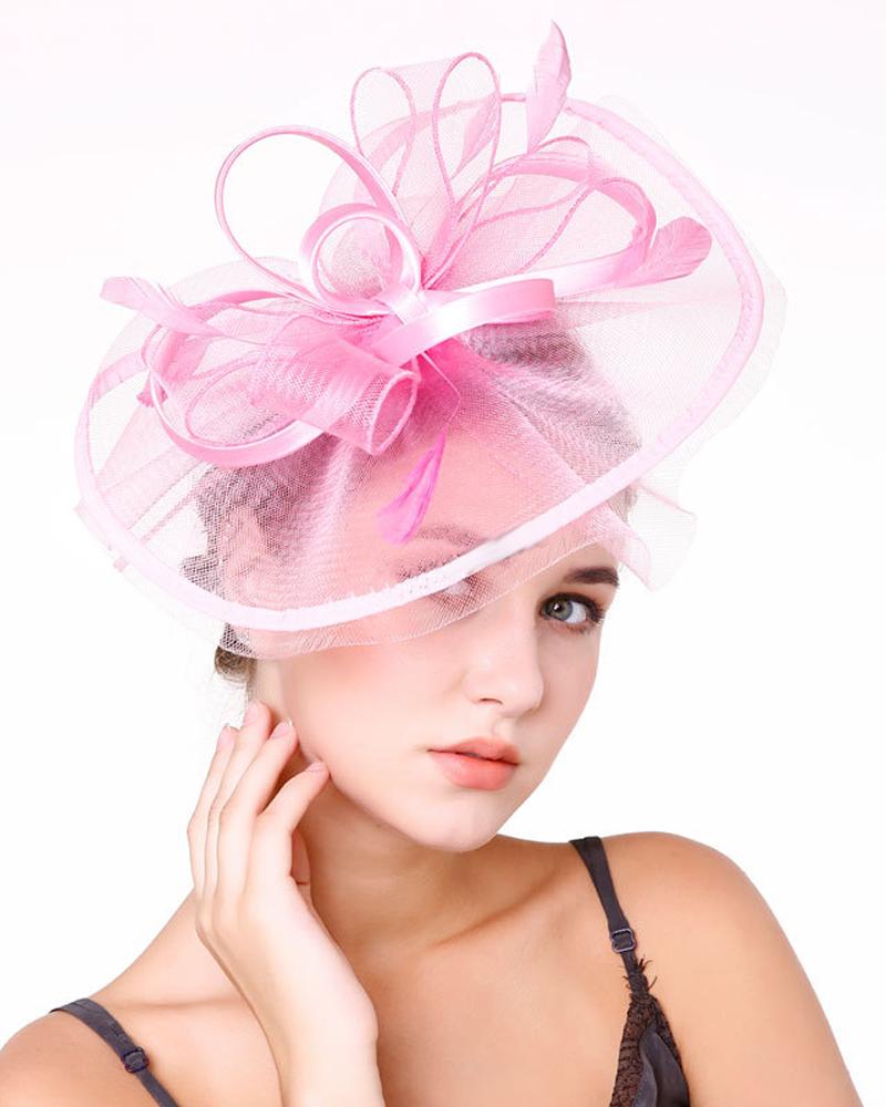 

Bowknot Fascinator Hat Feather Sheer Mesh Headband Bridal Wedding Cocktail Tea Party Headwear, Pink