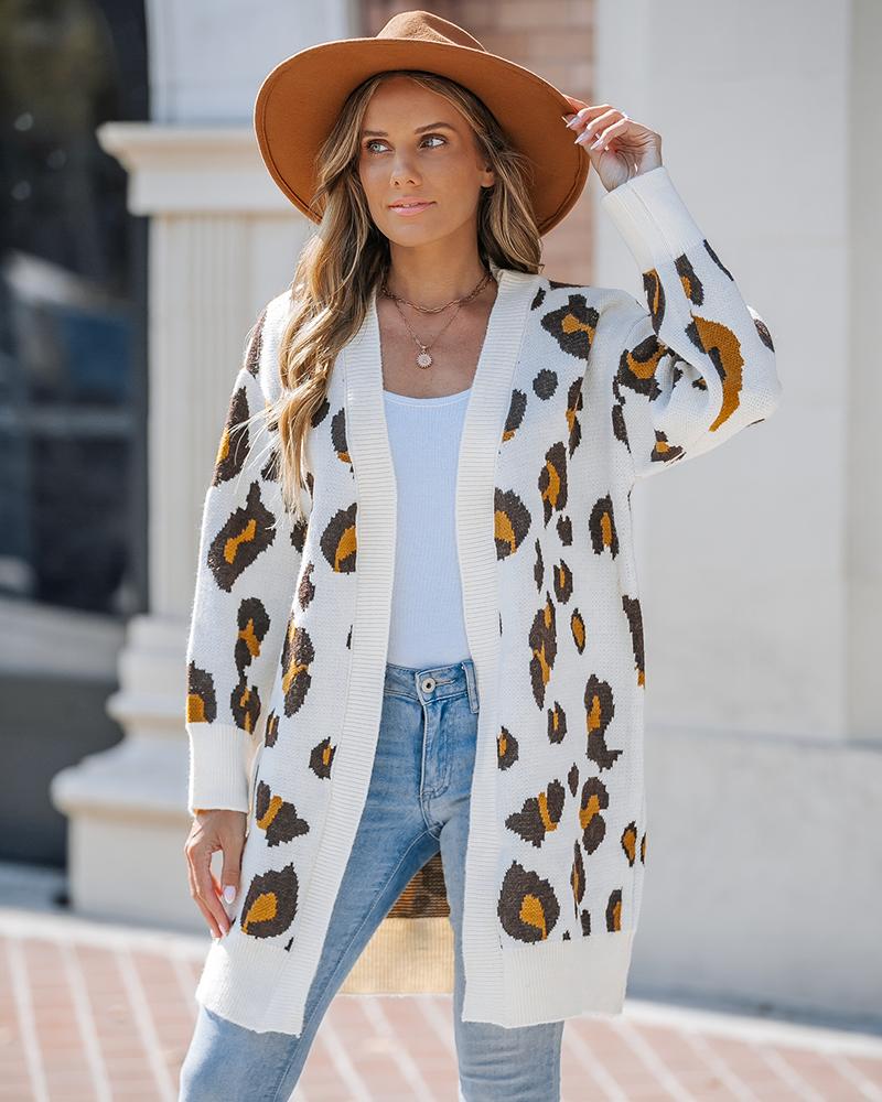 

Leopard Pattern Longline Knit Cardigan Open Front Sweater, Apricot