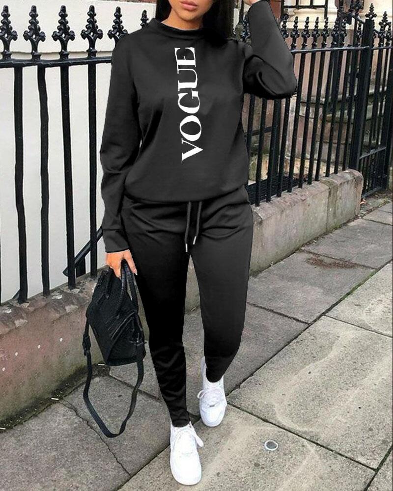 

Letter Print Long Sleeve Top & Drawstring Pants Set, Black