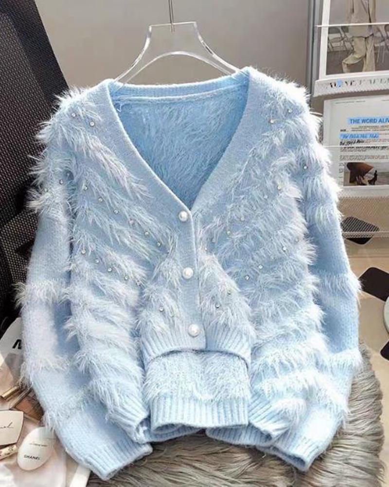 

Rhinestone Pearls Decor V-Neck Fuzzy Cardigan, Blue