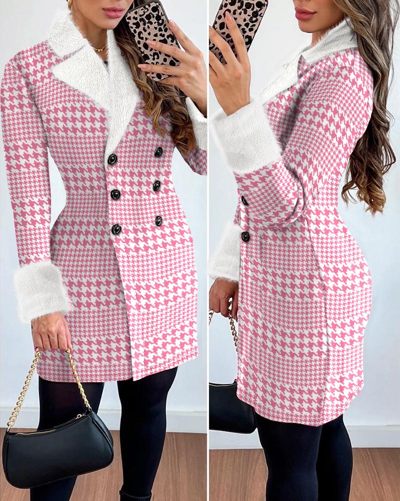 

Colorblock Houndstooth Print Fuzzy Double Breasted Coat, Pink