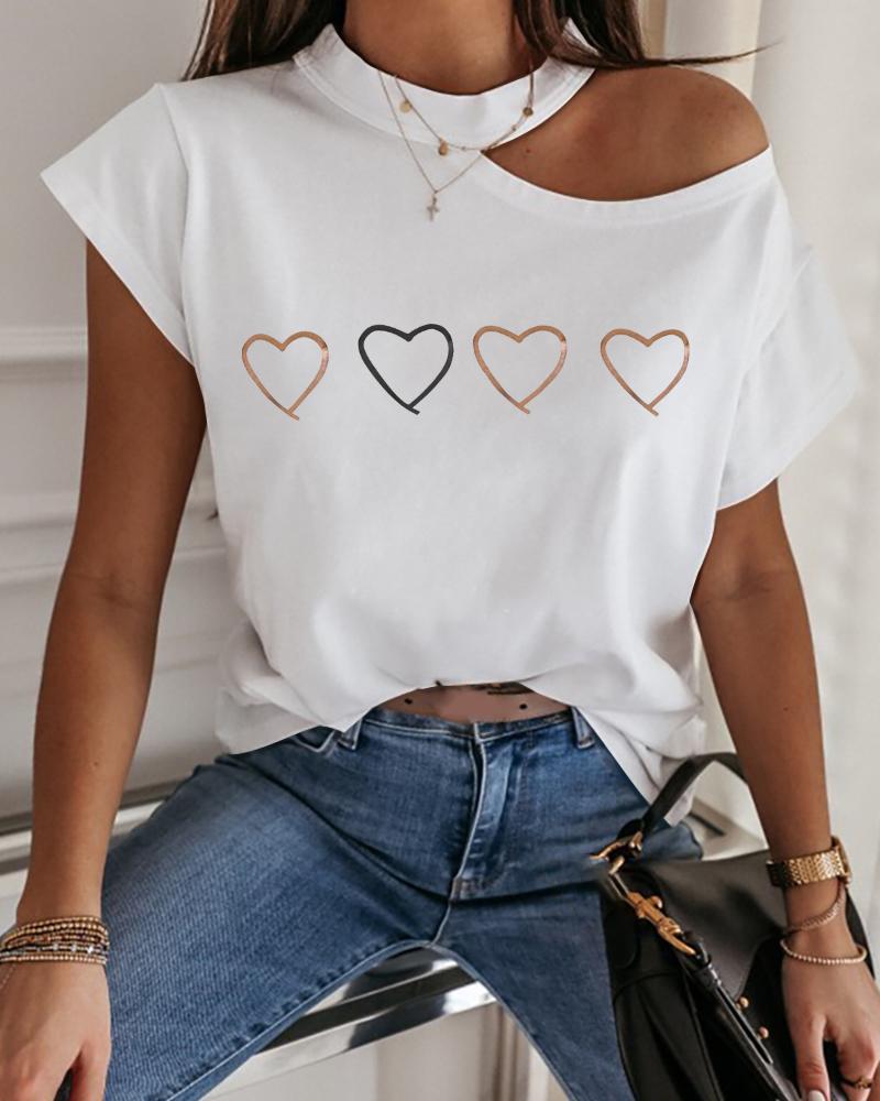 

Heart Print Cold Shoulder Short Sleeve Casual T-shirt, White