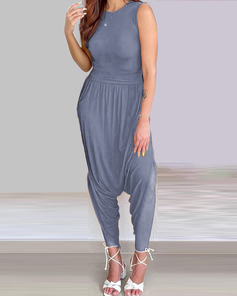 O Neck Sleeveless Ruched Harem Jumpsuit