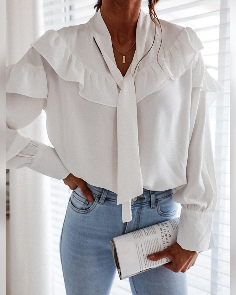 

Solid Long Sleeve Ruffles Blouse, White