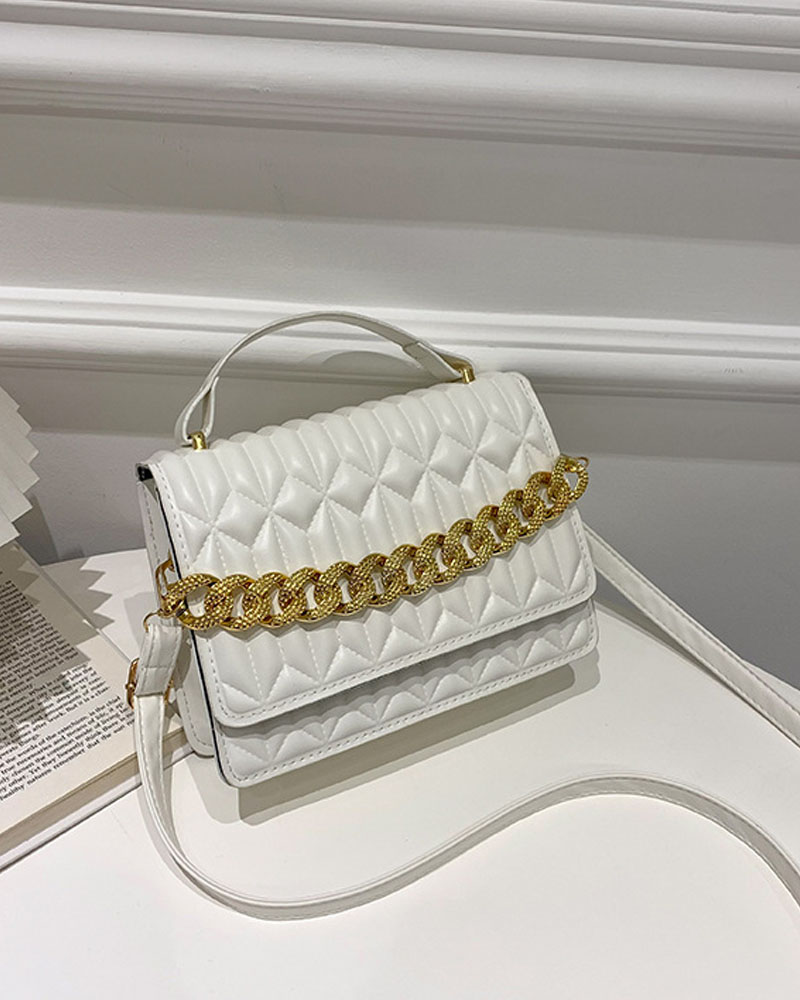 

Chain Decor Quilted Flap Shoulder Bag With Handle, White