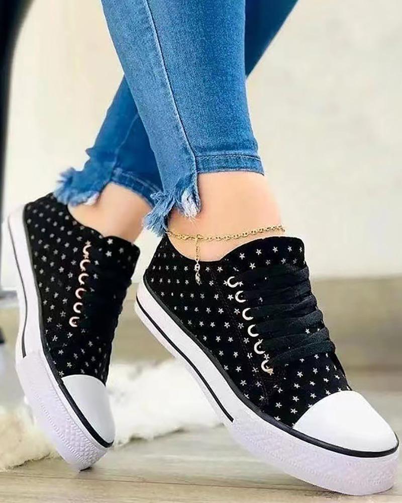 

Star Pattern Eyelet Lace-up Canvas Sneakers, Black