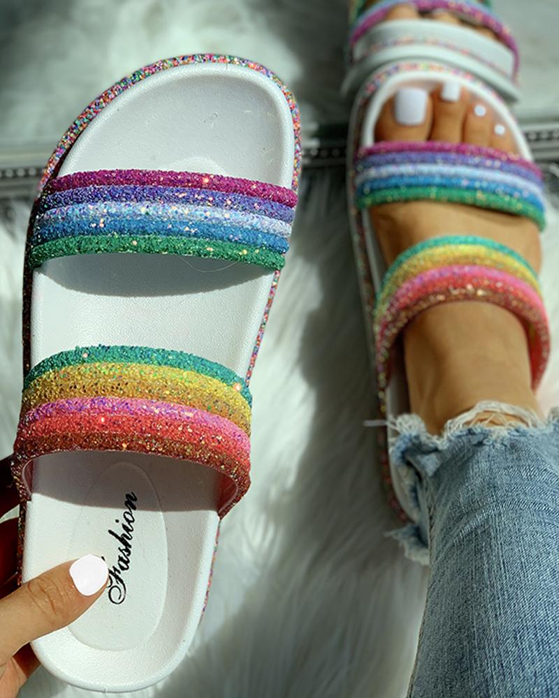 

Rainbow Striped Open Toe Flat Slipper, White