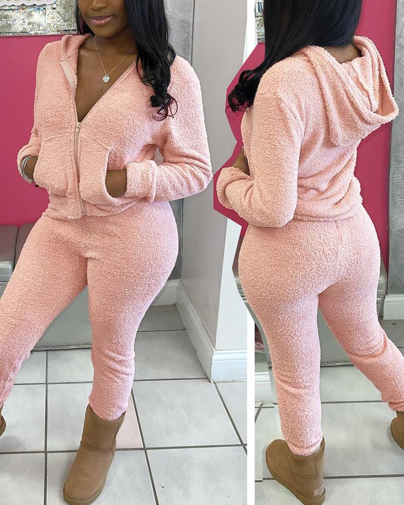 

Fuzzy Zipper Pocket Design Hooded Top & Pants Set, Pink