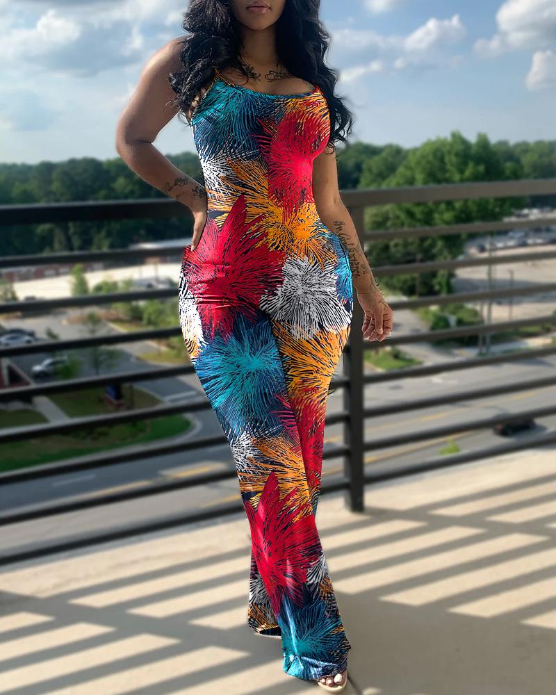 

Graphic Print U-Neck Spaghetti Strap Jumpsuit, Multicolor