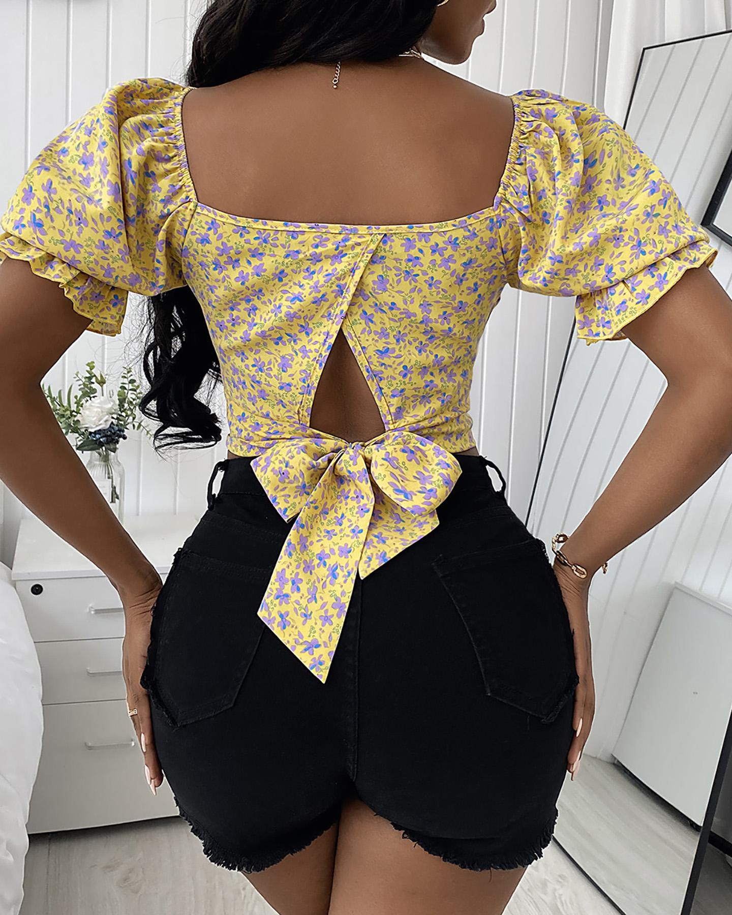 

Ditsy Floral Print Twisted Tie Back Crop Top, Yellow